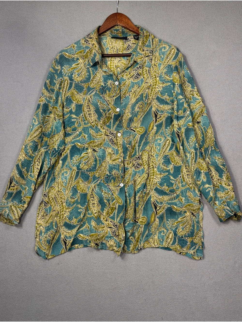 Vintage Boho Y2K Silk Valerie by Valerie Stevens Button Down Top, Blue Green, XL